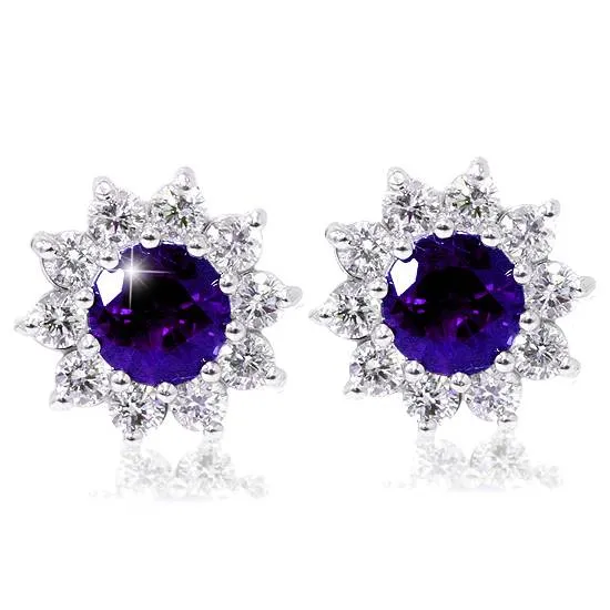 1 3/4ct Genuine Amethyst & Diamond Halo Studs Earrings 14K White Gold