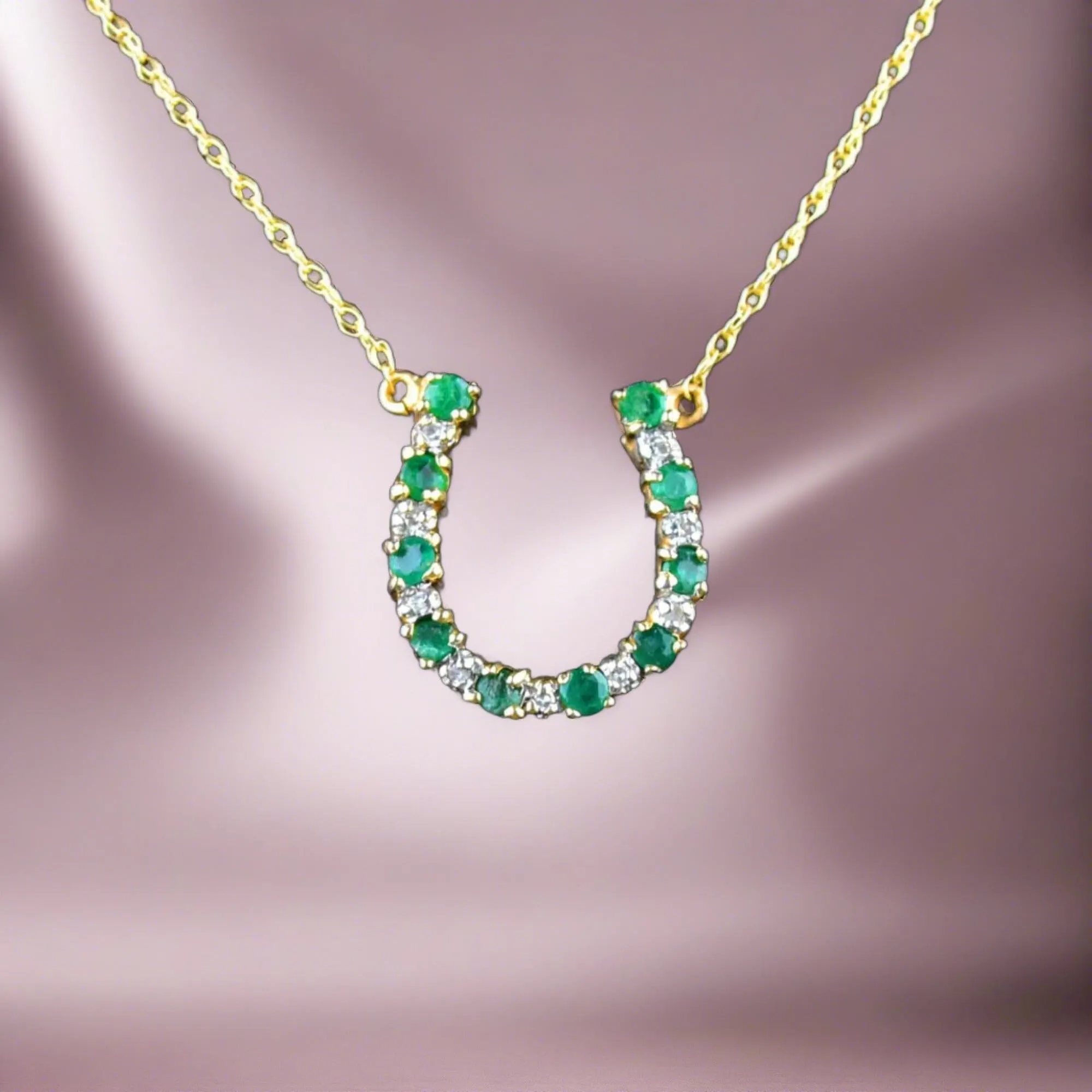 14K Gold Diamond Emerald HorseShoe Pendant Necklace