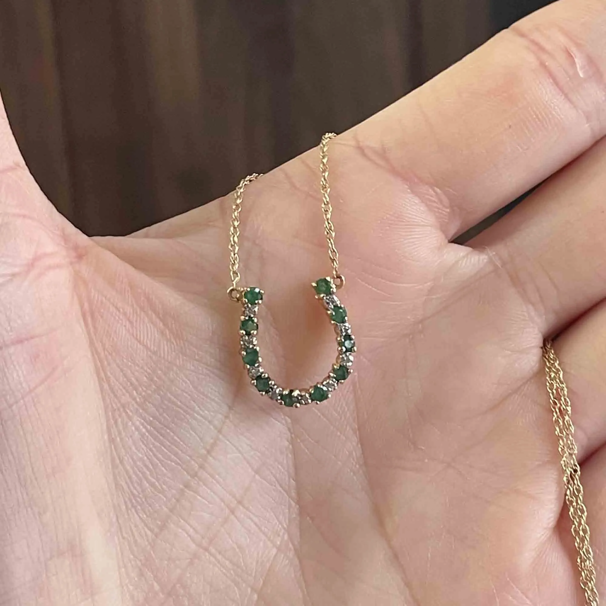 14K Gold Diamond Emerald HorseShoe Pendant Necklace