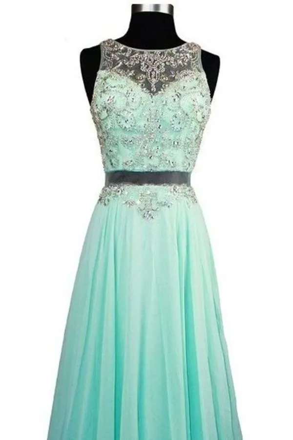 2024 Prom Dresses Scoop Neck Beaded Bodice A Line Chiffon PQESTRAH