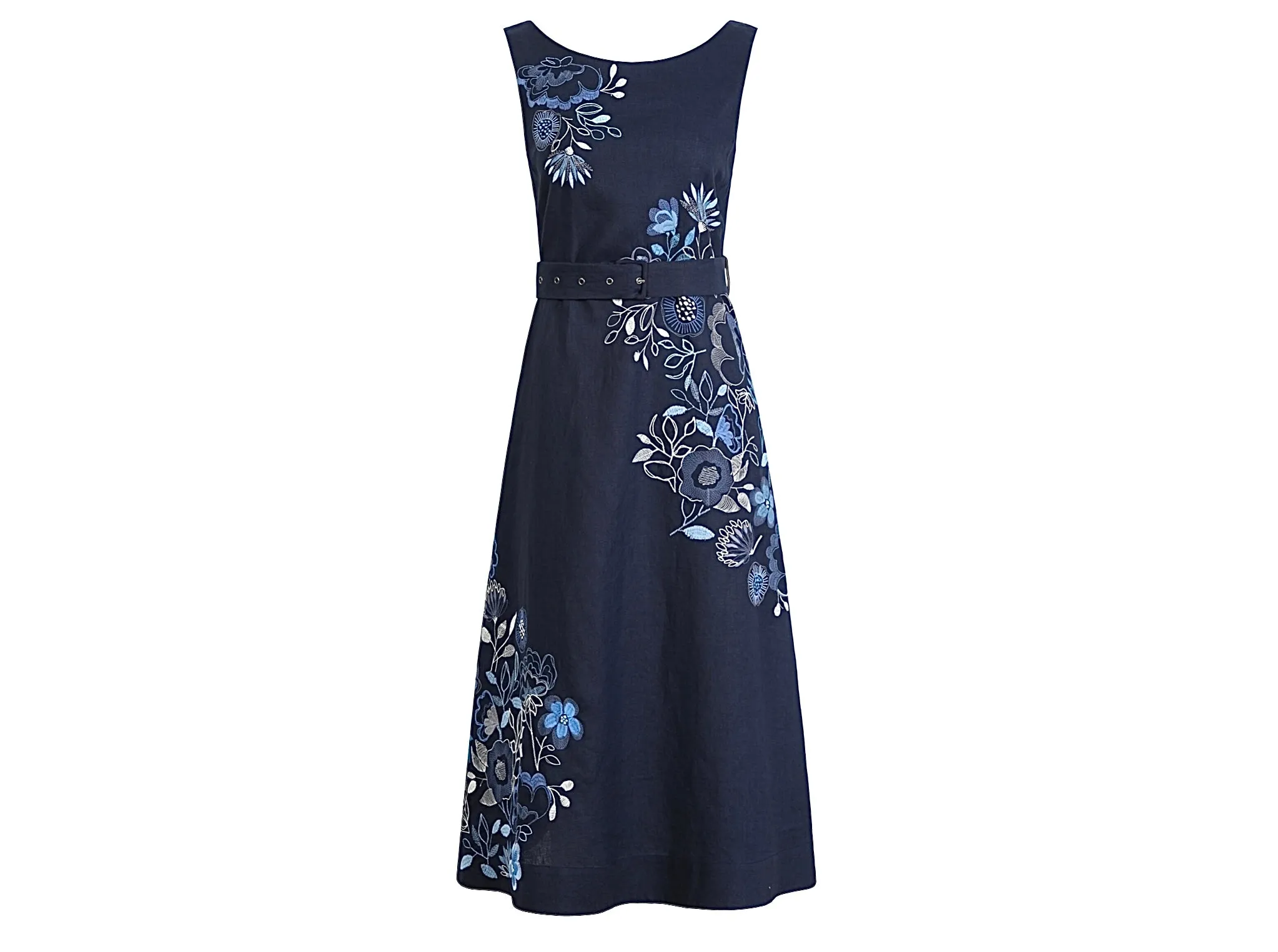 241544 Navy Linen Floral Embroidery Dress