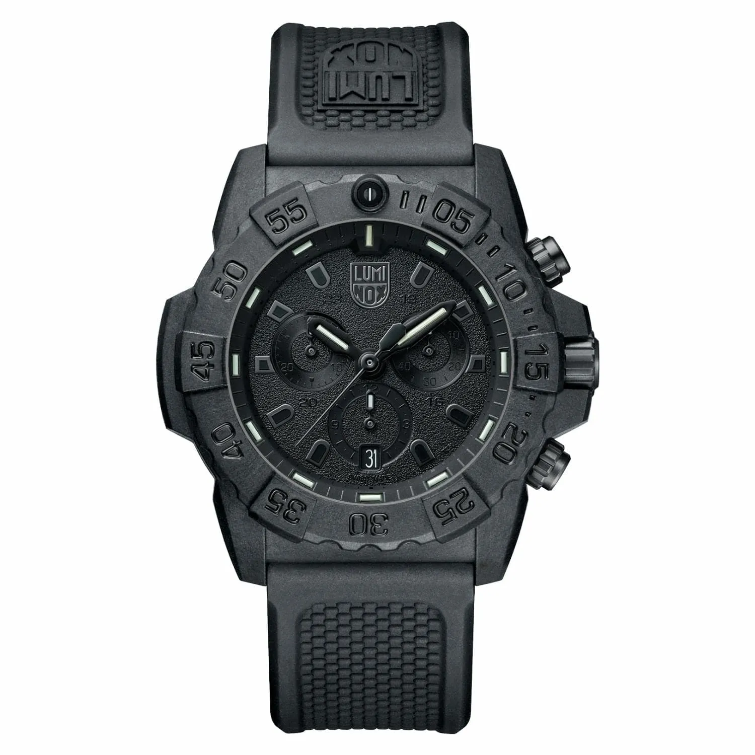 45MM LUMINOX NAVY SEAL BLACKOUT CHRONOGRAPH QUARTZ WATCH WITH BLACKOUT ARABIC DATE DIAL