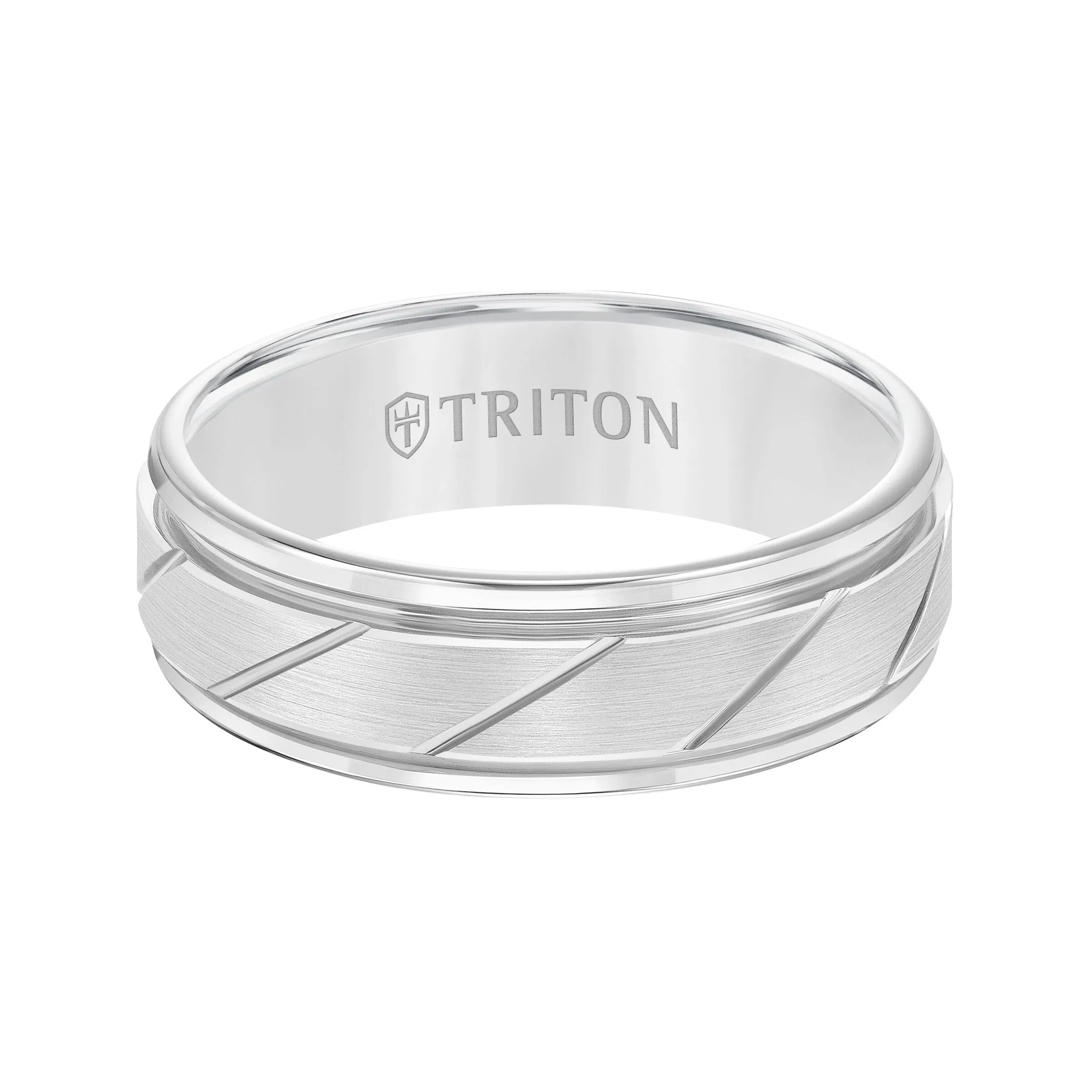 7MM White Tungsten Carbide Ring - Diagonal Cut Center and Round Edge