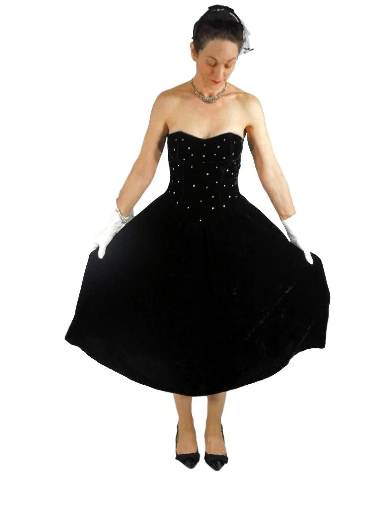 80s Black Velvet Strapless Party Dress - sm