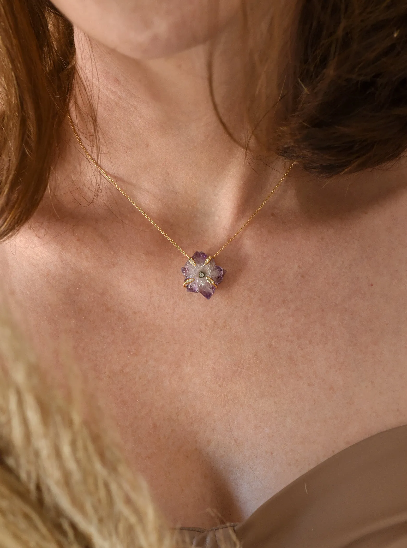 Amethyst Stalactite Flower with Quartz Necklace