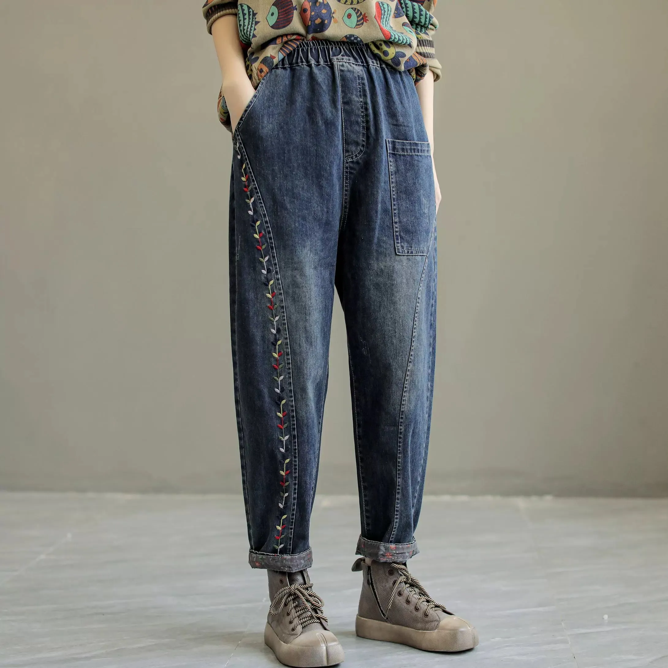 Autumn Retro Embroidery Patchwork Denim Jeans