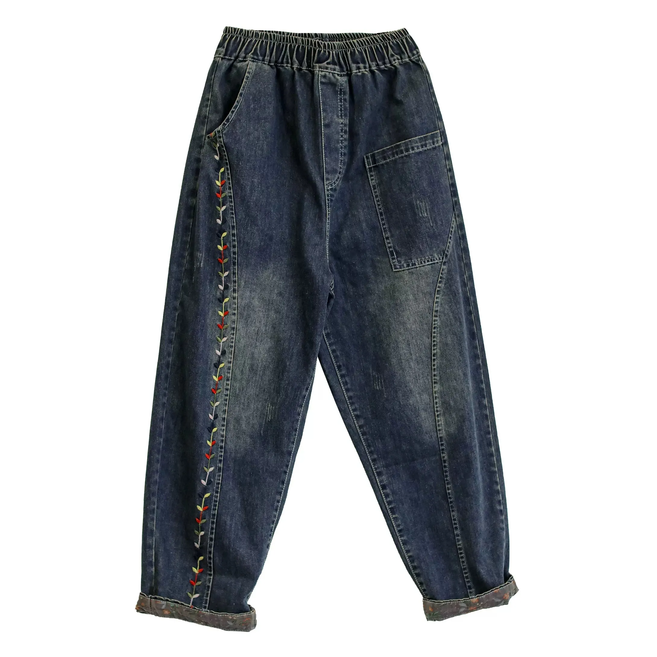 Autumn Retro Embroidery Patchwork Denim Jeans