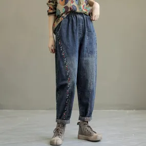 Autumn Retro Embroidery Patchwork Denim Jeans