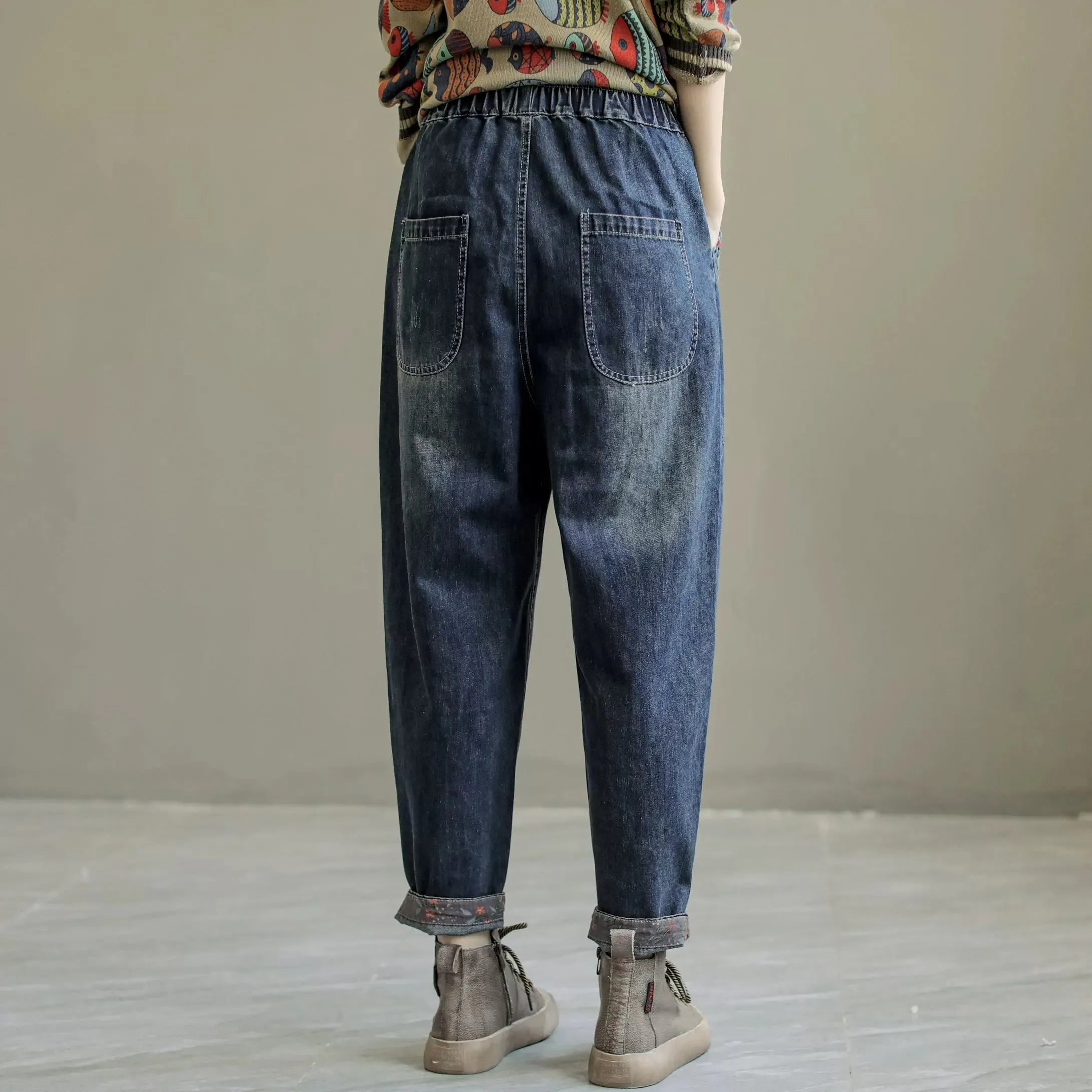 Autumn Retro Embroidery Patchwork Denim Jeans