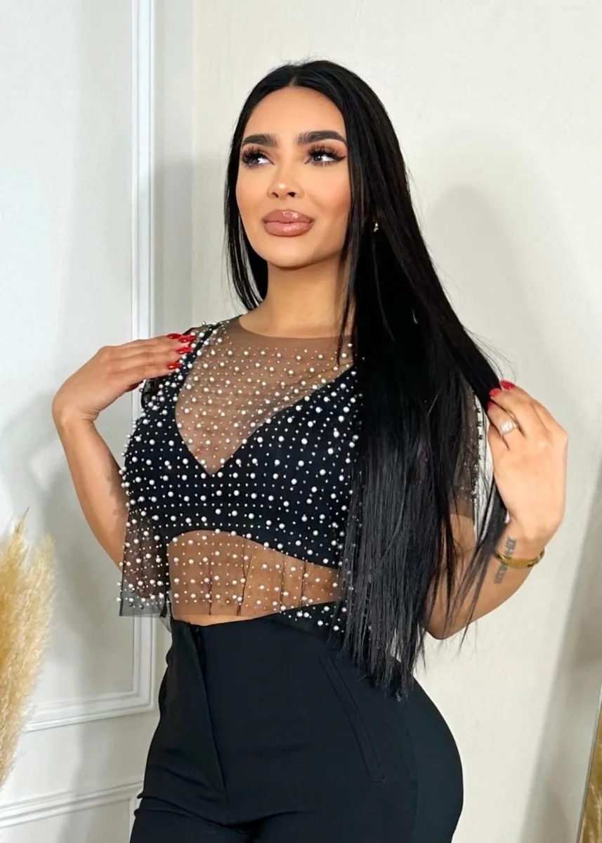 Ava Mesh Pearl Top Black