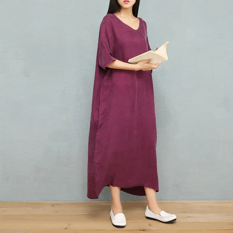 BABAKUD Summer Copper V-Neck Drop Shoulder Robes Silk Dress