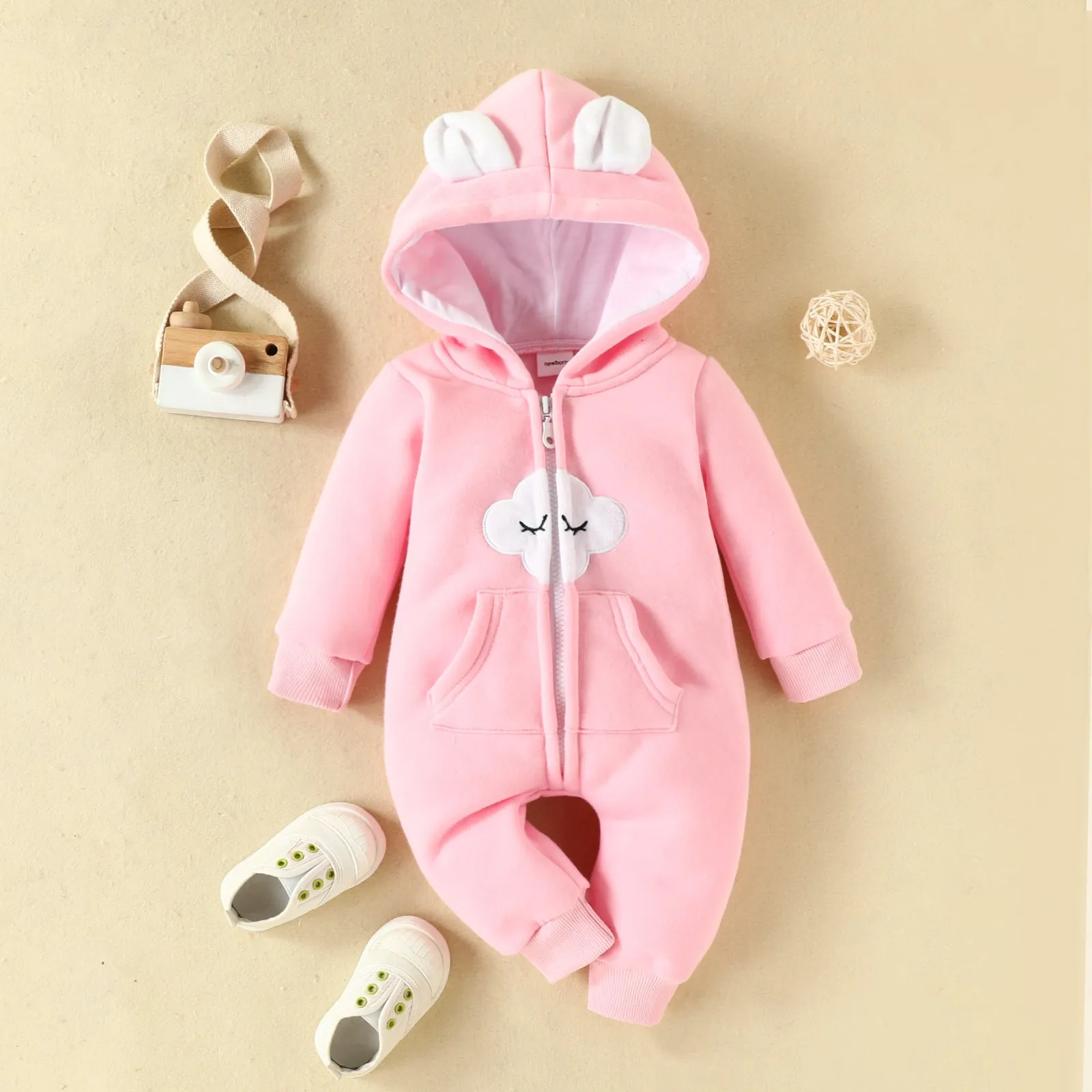 Baby Boys Girls Solid Color Cute Clouds Zipper Long Sleeve Zipper Hooded Jumpsuit