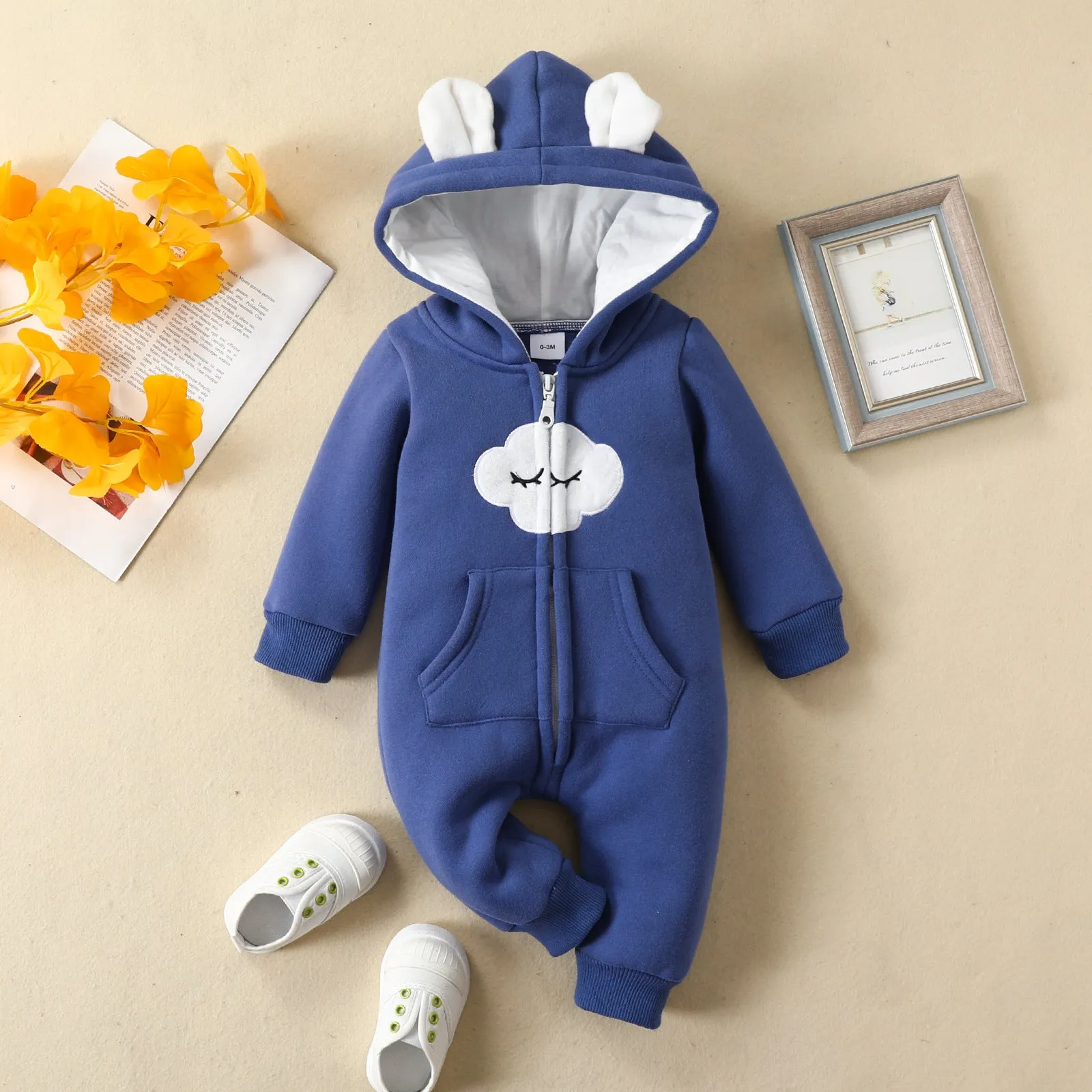 Baby Boys Girls Solid Color Cute Clouds Zipper Long Sleeve Zipper Hooded Jumpsuit