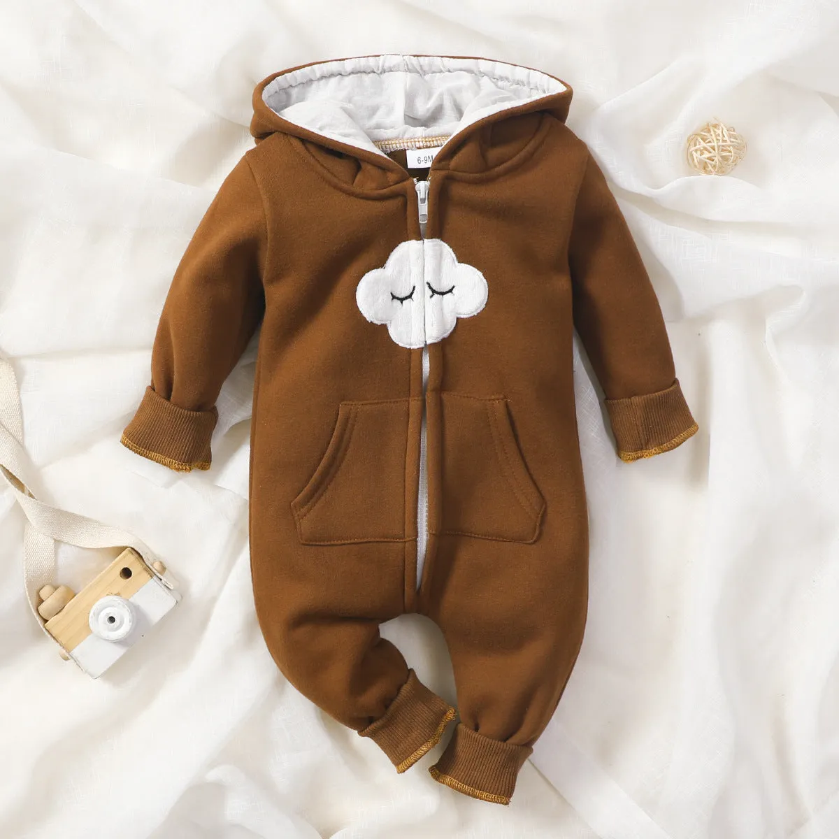 Baby Boys Girls Solid Color Cute Clouds Zipper Long Sleeve Zipper Hooded Jumpsuit