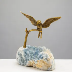 Brass Hummingbird on Blue Celestite Cluster Base