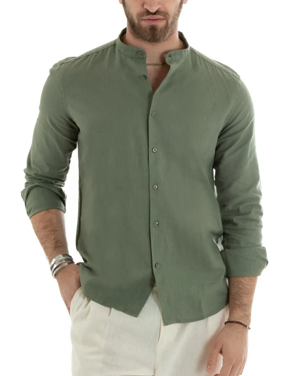 Camicia Uomo Collo Coreano Manica Lunga Lino Tinta Unita Sartoriale Verde Militare GIOSAL-C2666A