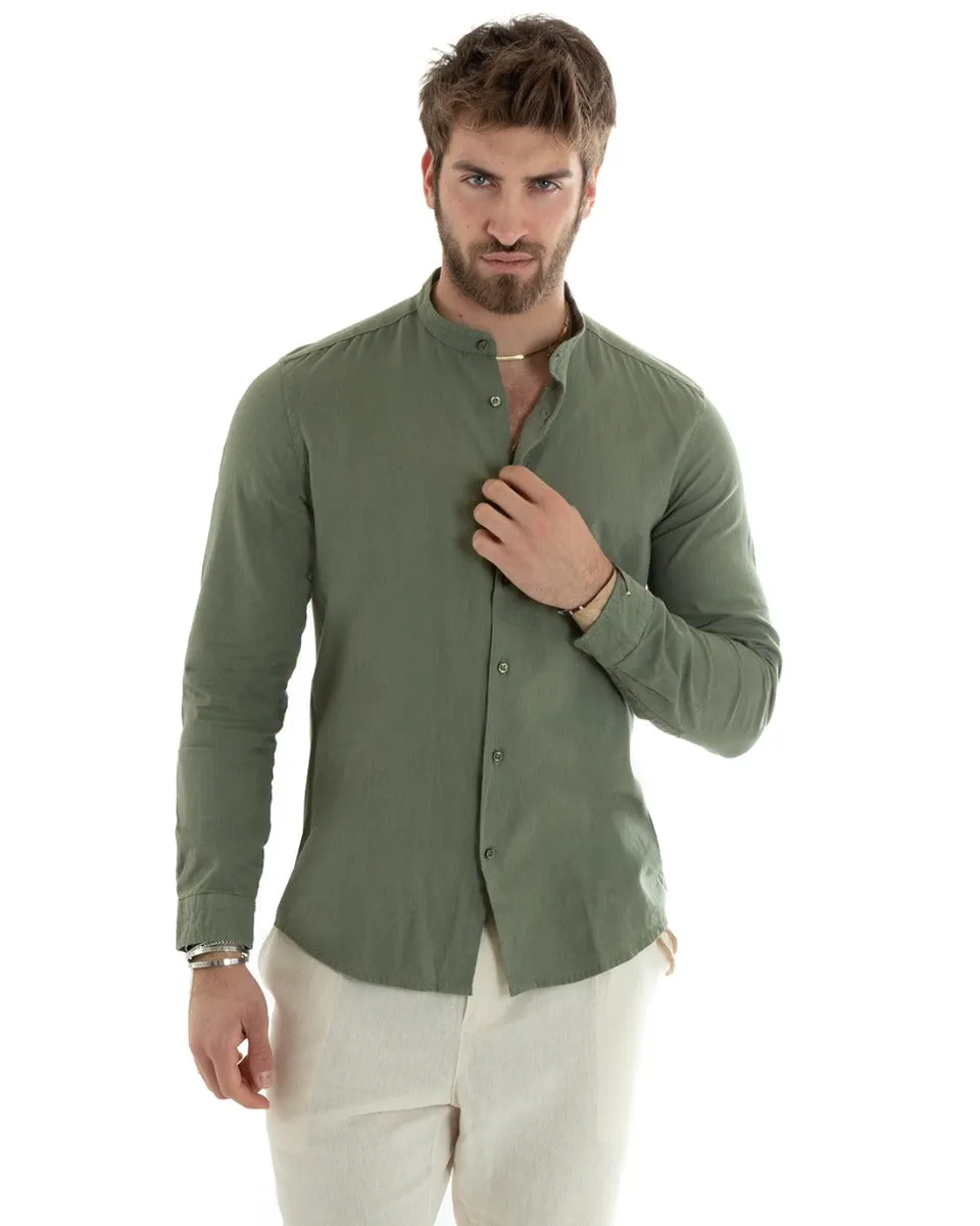 Camicia Uomo Collo Coreano Manica Lunga Lino Tinta Unita Sartoriale Verde Militare GIOSAL-C2666A