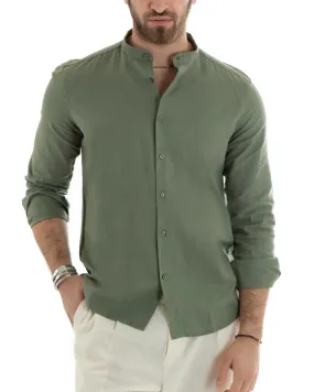 Camicia Uomo Collo Coreano Manica Lunga Lino Tinta Unita Sartoriale Verde Militare GIOSAL-C2666A