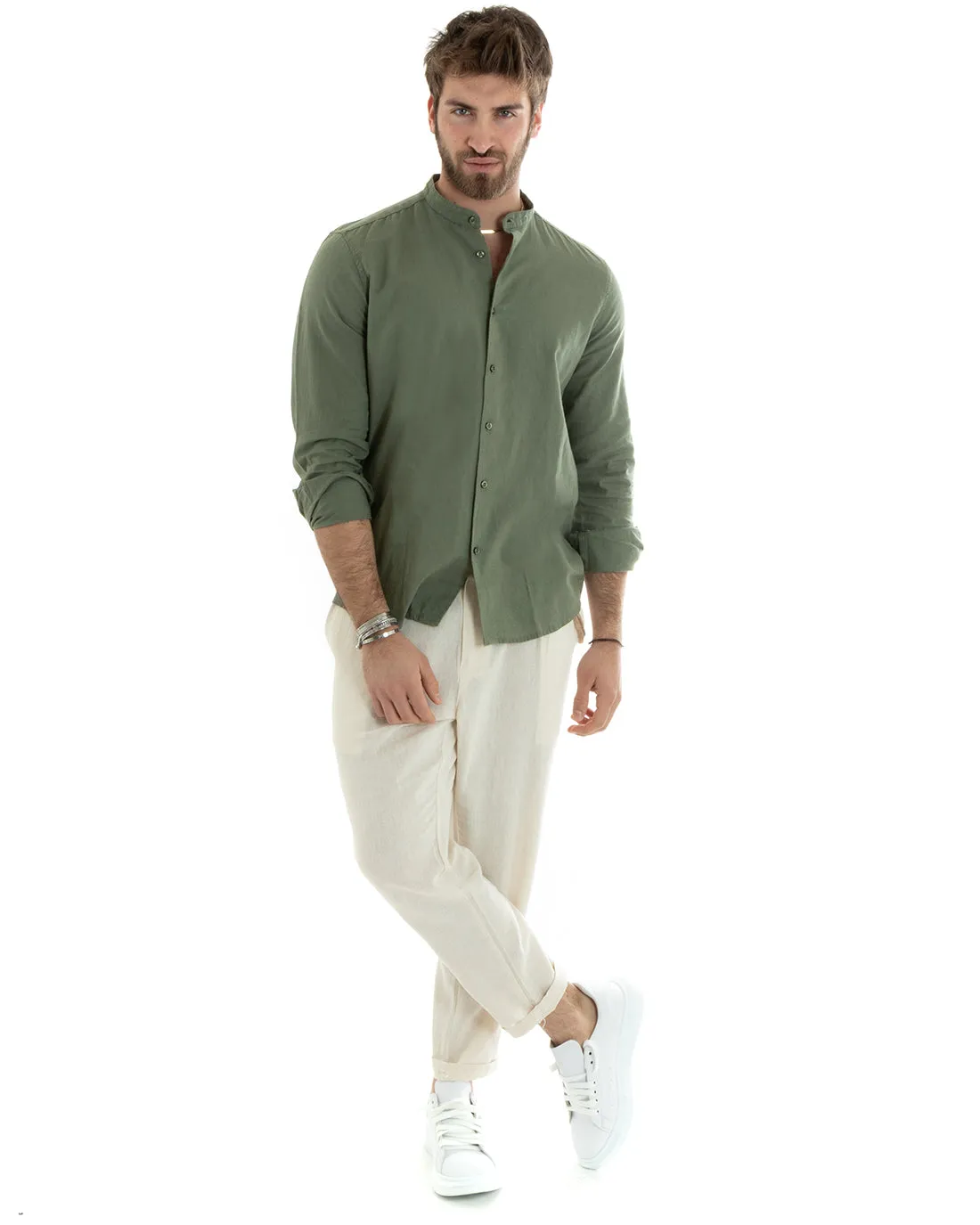 Camicia Uomo Collo Coreano Manica Lunga Lino Tinta Unita Sartoriale Verde Militare GIOSAL-C2666A