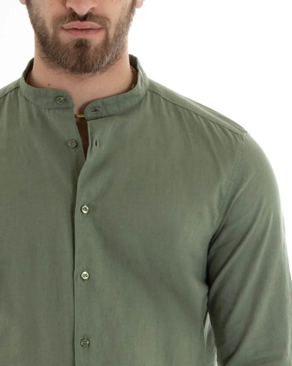 Camicia Uomo Collo Coreano Manica Lunga Lino Tinta Unita Sartoriale Verde Militare GIOSAL-C2666A