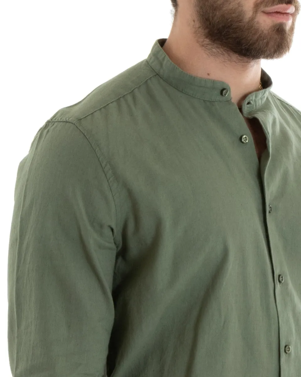 Camicia Uomo Collo Coreano Manica Lunga Lino Tinta Unita Sartoriale Verde Militare GIOSAL-C2666A