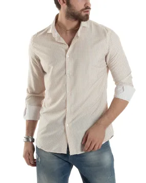 Camicia Uomo Manica Lunga Collo Francese Con Colletto Viscosa Regular Fit Riga Stretta Beige GIOSAL-C2856A