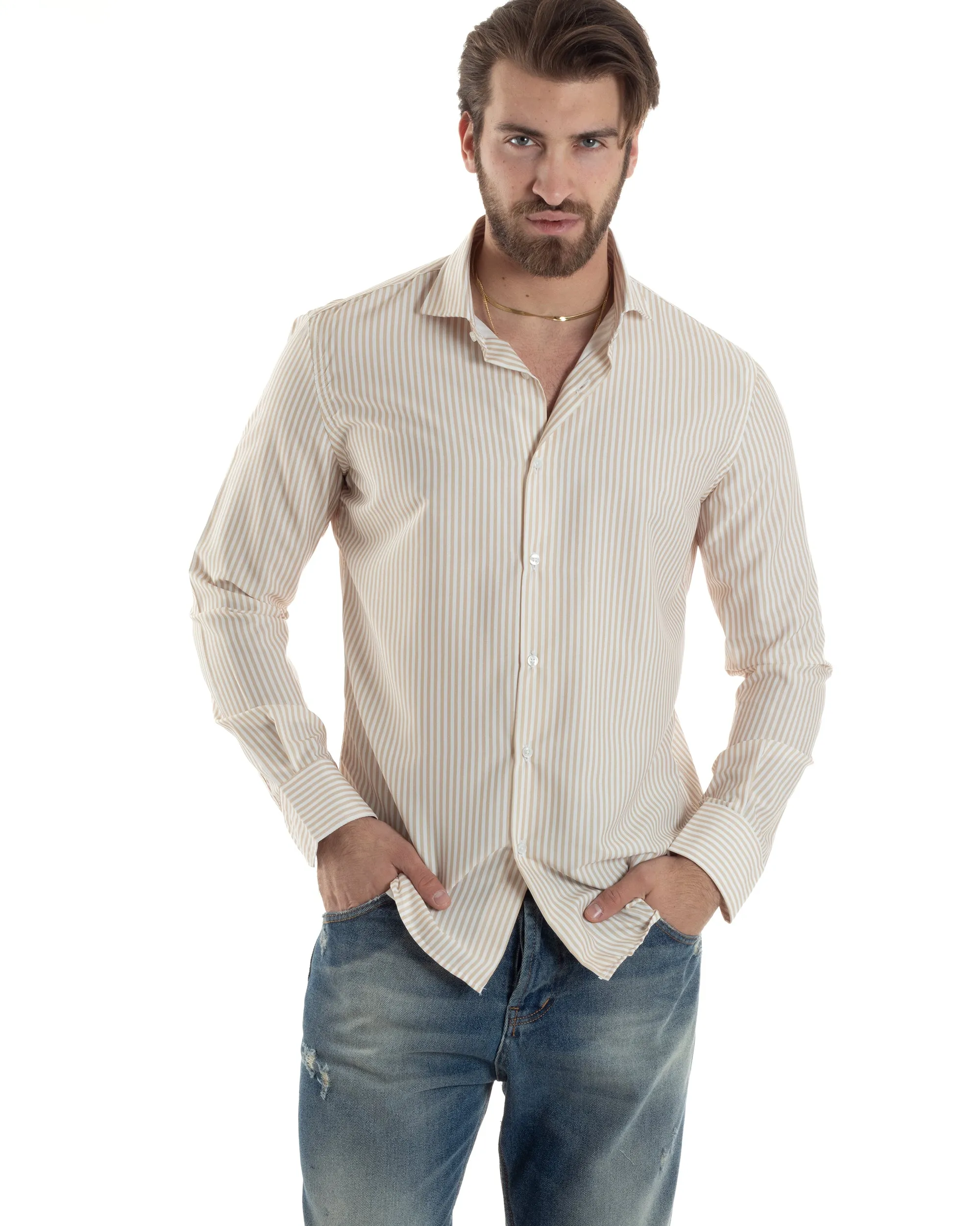 Camicia Uomo Manica Lunga Collo Francese Con Colletto Viscosa Regular Fit Riga Stretta Beige GIOSAL-C2856A