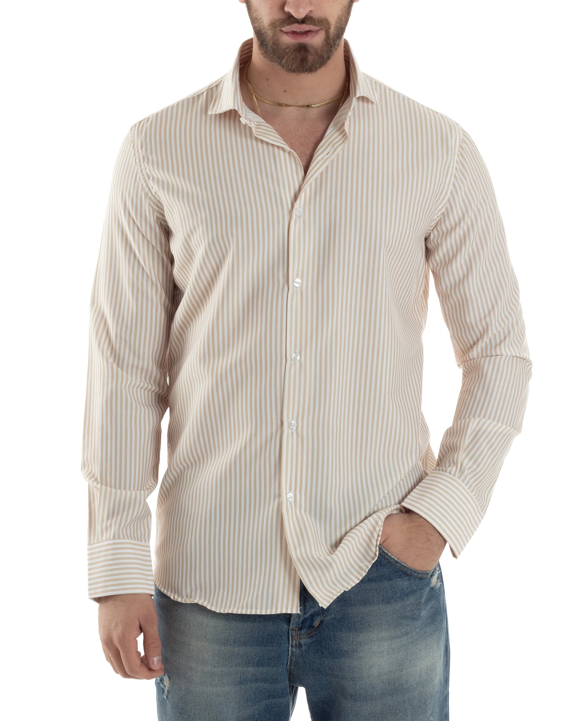 Camicia Uomo Manica Lunga Collo Francese Con Colletto Viscosa Regular Fit Riga Stretta Beige GIOSAL-C2856A