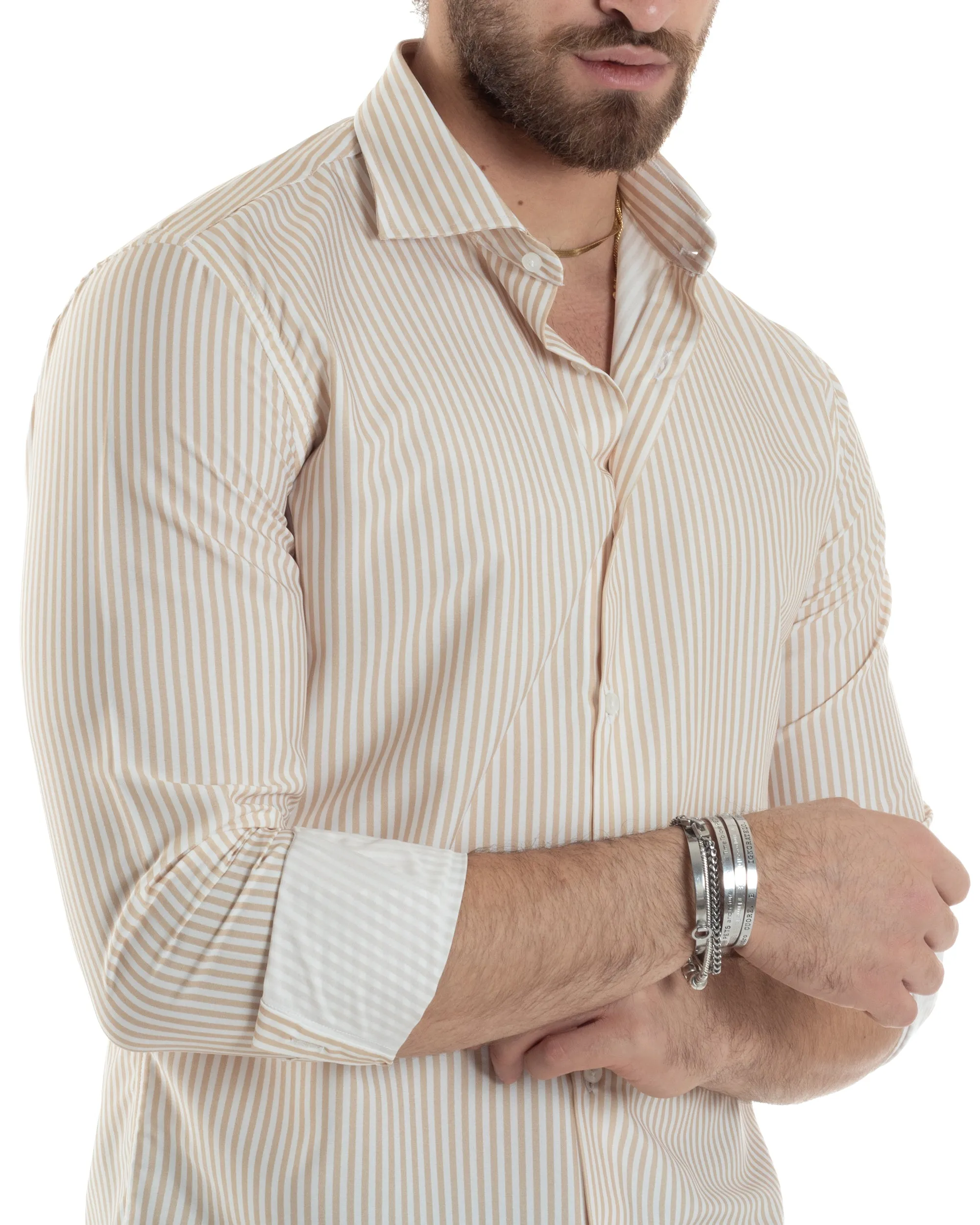 Camicia Uomo Manica Lunga Collo Francese Con Colletto Viscosa Regular Fit Riga Stretta Beige GIOSAL-C2856A