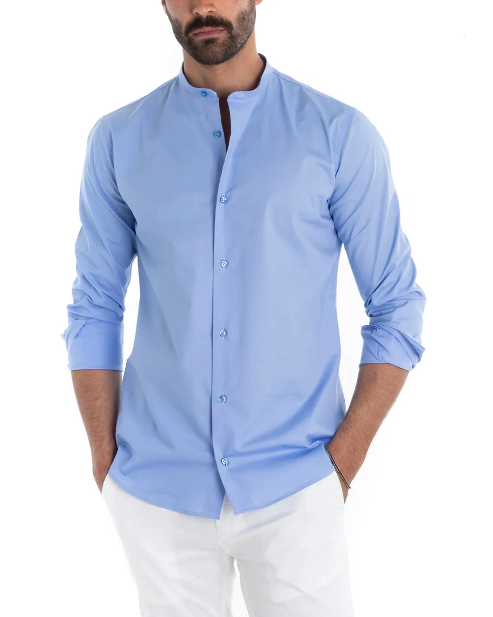 Camicia Uomo Sartoriale Collo Coreano Manica Lunga Basic Cotone Morbido Celeste Regular Fit GIOSAL-C2372A