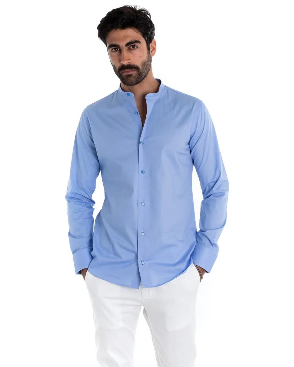 Camicia Uomo Sartoriale Collo Coreano Manica Lunga Basic Cotone Morbido Celeste Regular Fit GIOSAL-C2372A