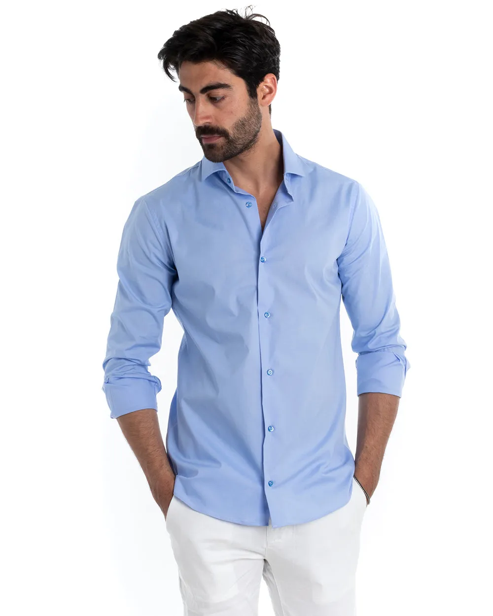 Camicia Uomo Sartoriale Con Colletto Manica Lunga Basic Cotone Morbido Celeste Regular Fit GIOSAL-C2393A