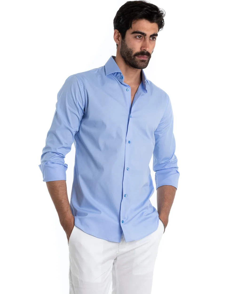 Camicia Uomo Sartoriale Con Colletto Manica Lunga Basic Cotone Morbido Celeste Regular Fit GIOSAL-C2393A