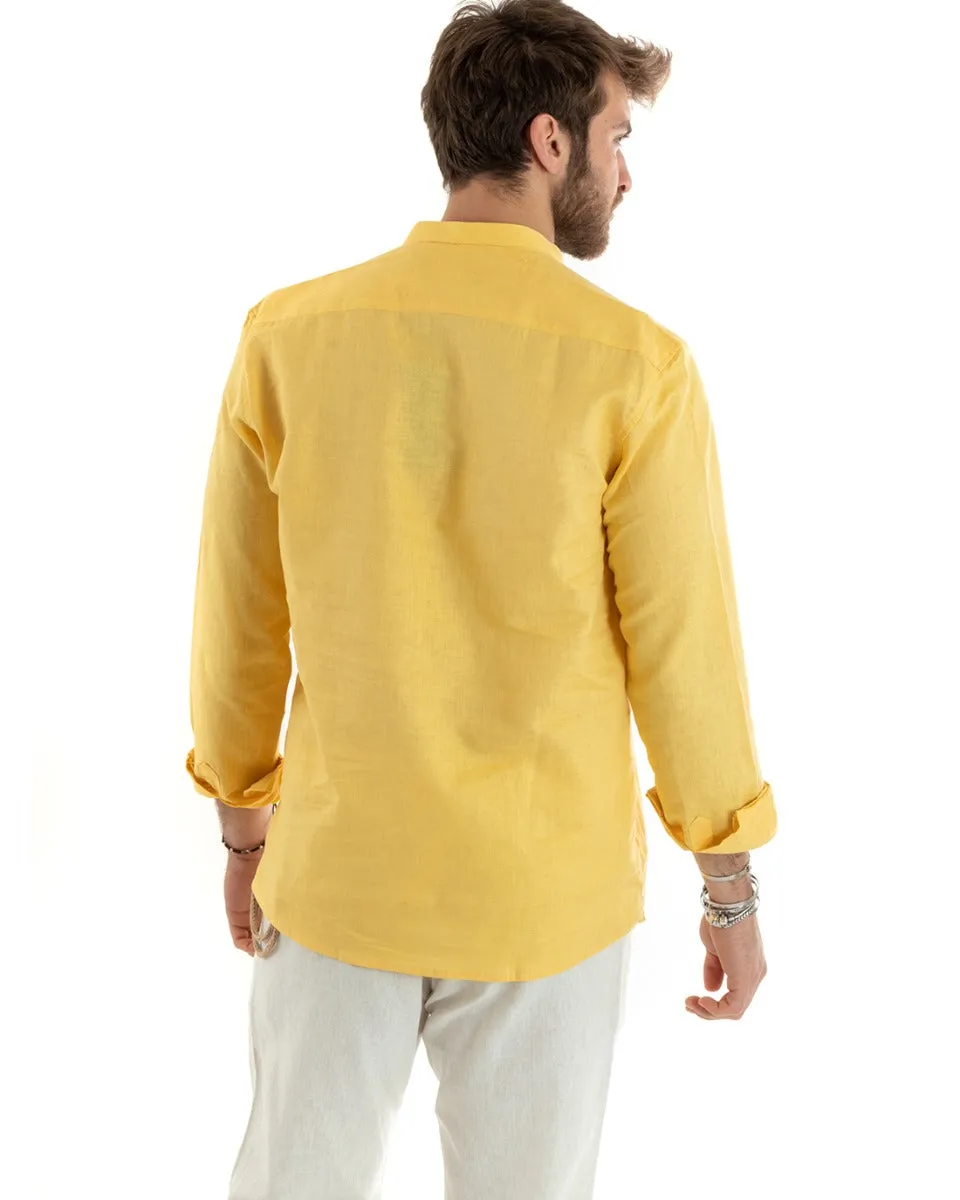 Camicia Uomo Serafino Casacca Manica Lunga Lino Tinta Unita Sartoriale Giallo GIOSAL-C2816A