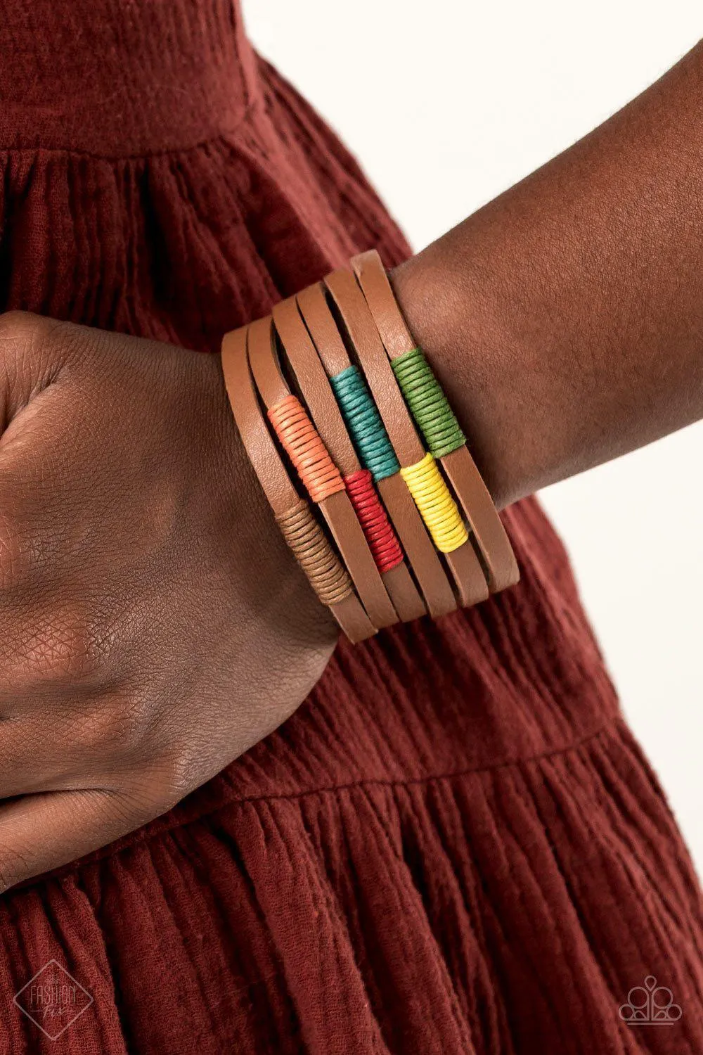 Country Colors Multi and Brown Leather Urban Wrap Snap Bracelet - Paparazzi Accessories