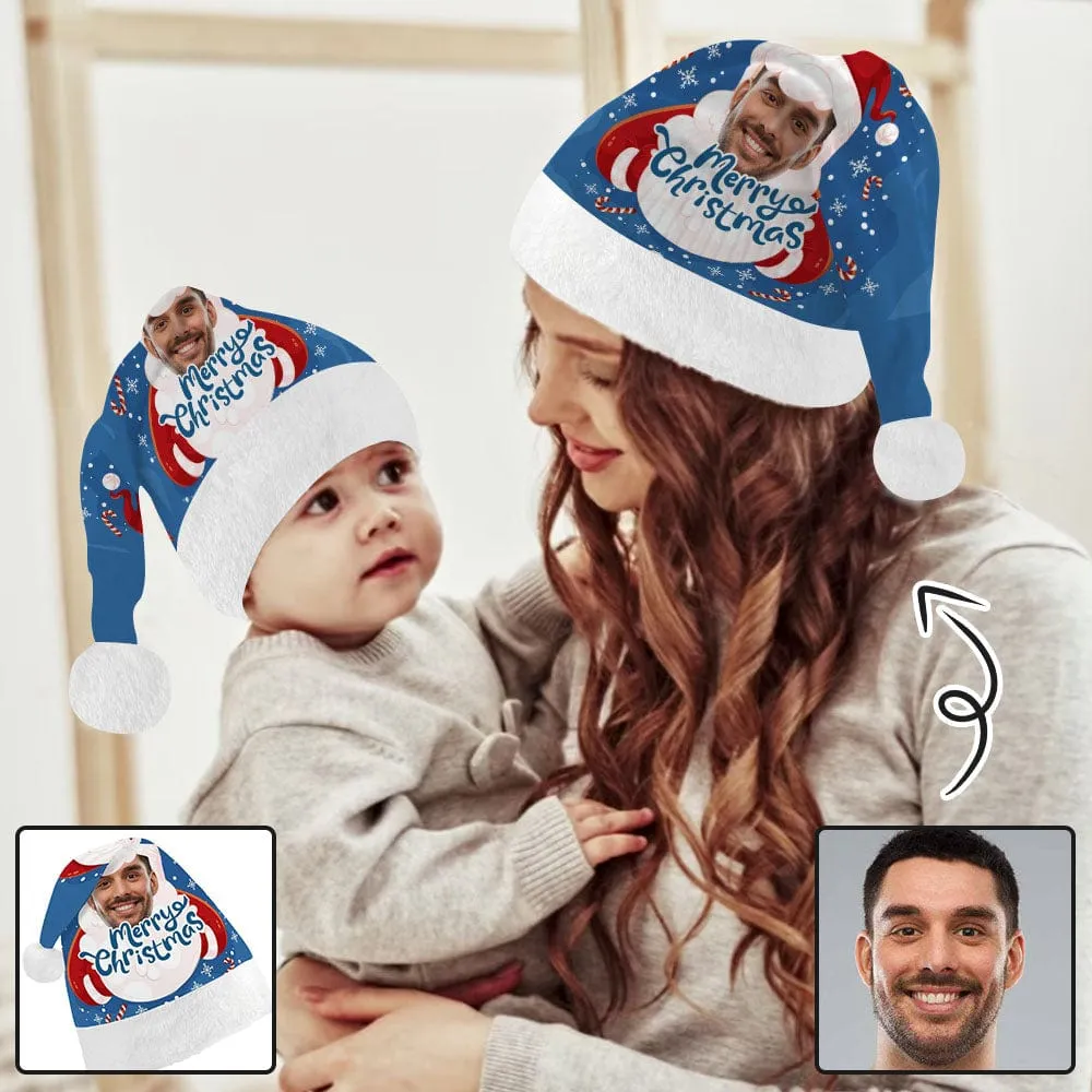 Custom Face Merry Christmas Blue Gift Christmas Hat