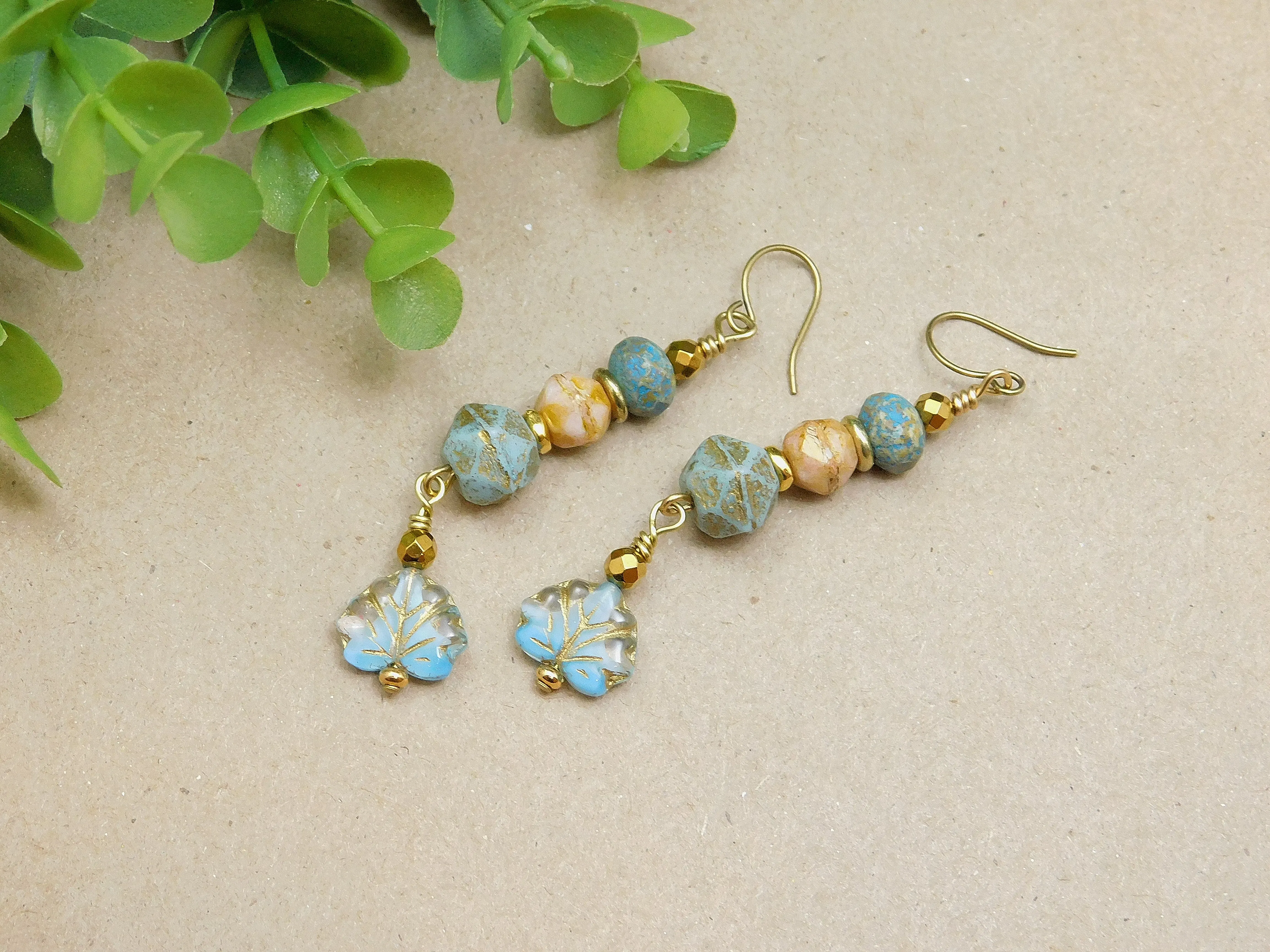 Czech Glass Maple Leaf Dangling Earrings