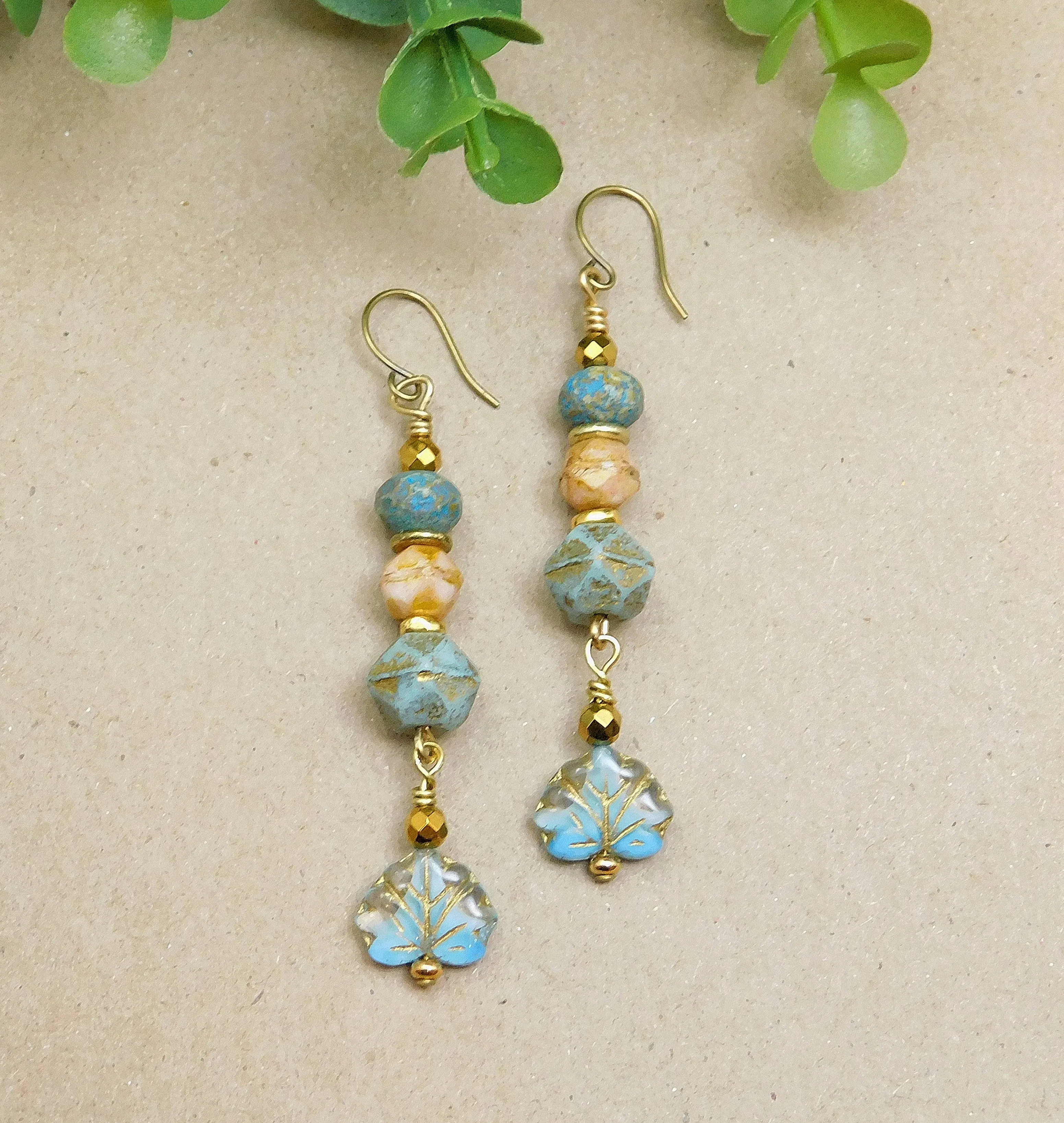 Czech Glass Maple Leaf Dangling Earrings