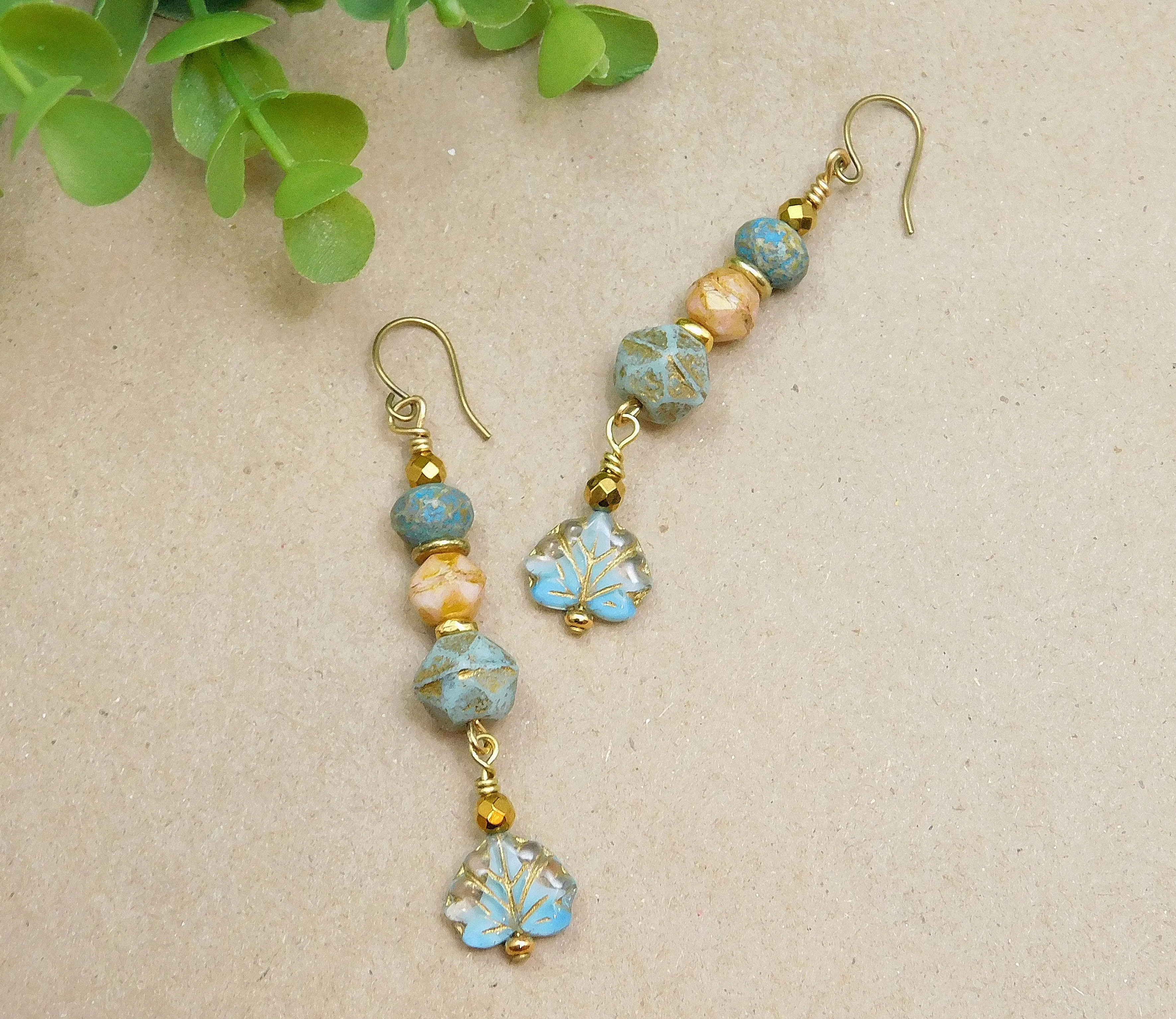 Czech Glass Maple Leaf Dangling Earrings