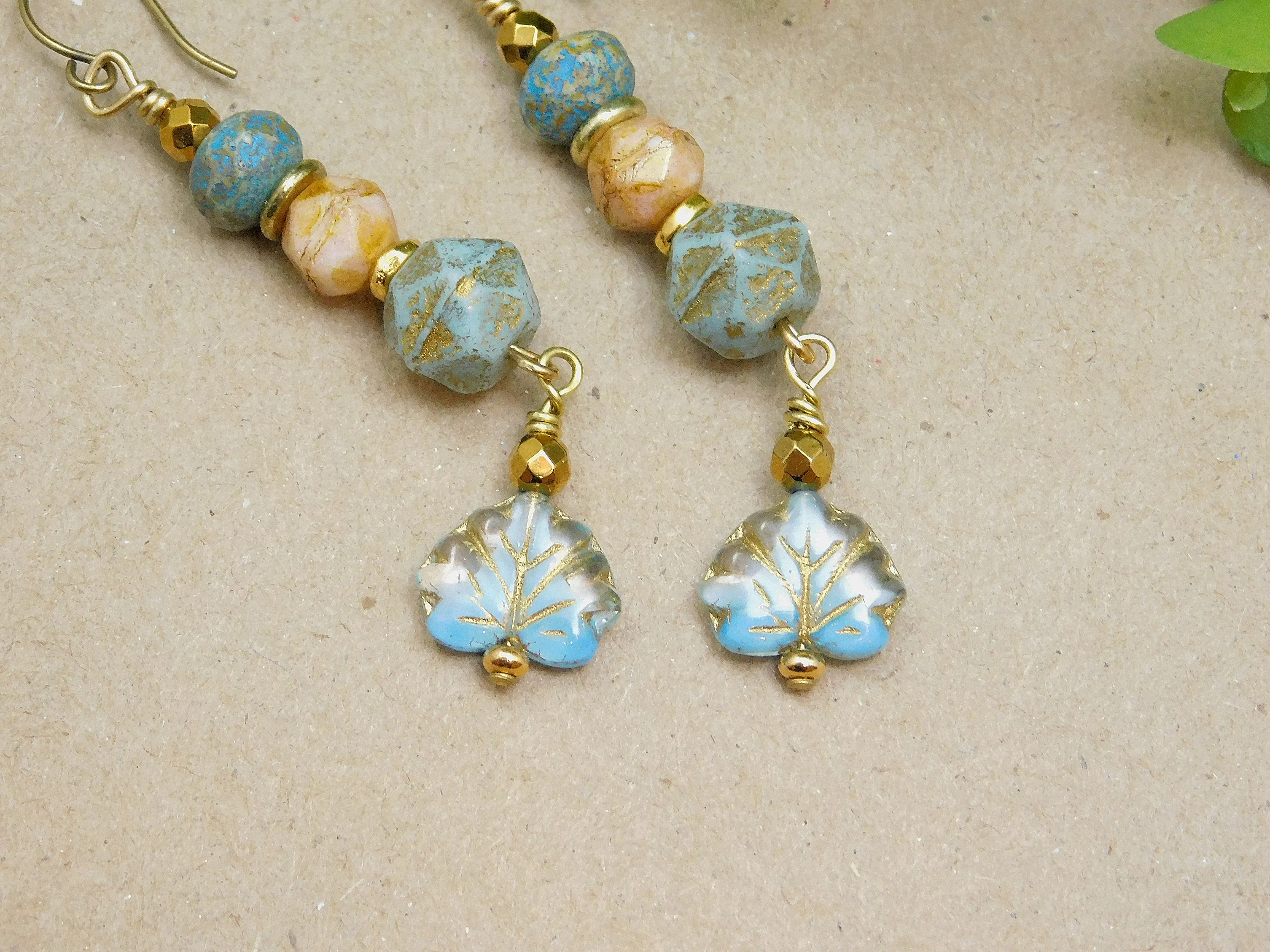 Czech Glass Maple Leaf Dangling Earrings