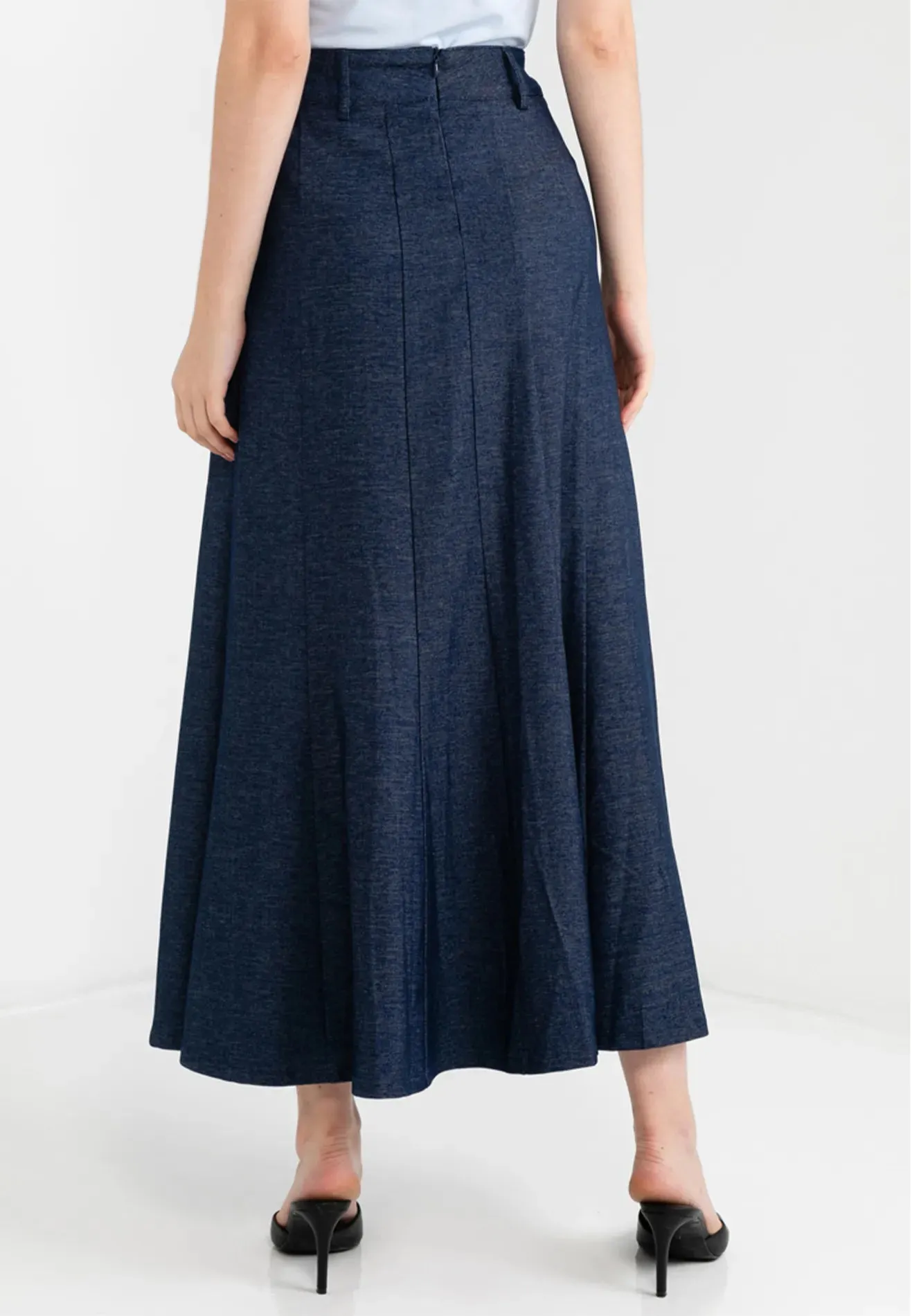 Denim Logo Belted Flare Maxi Skirt