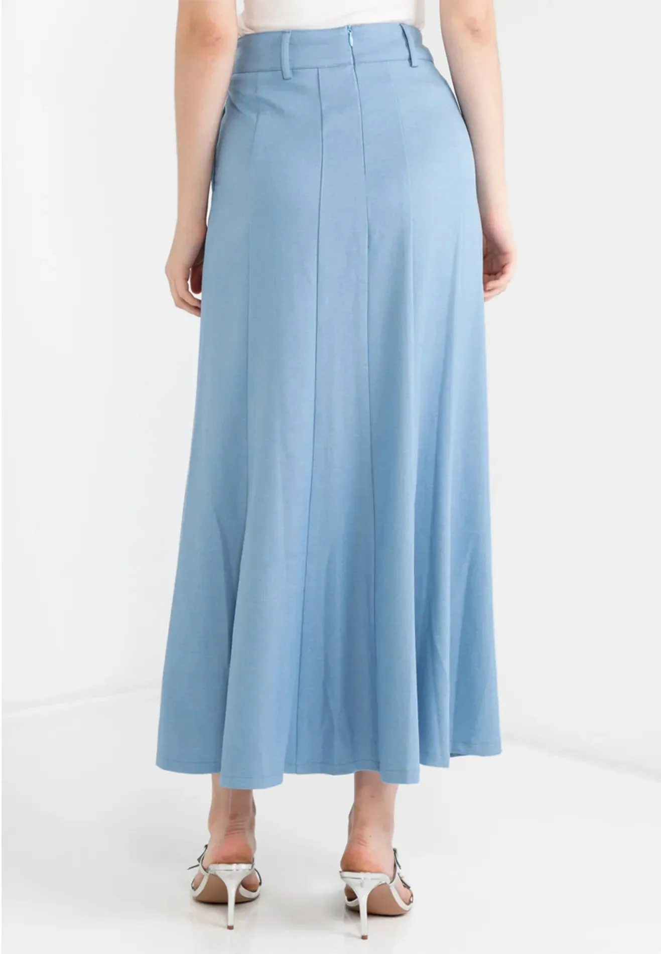 Denim Logo Belted Flare Maxi Skirt