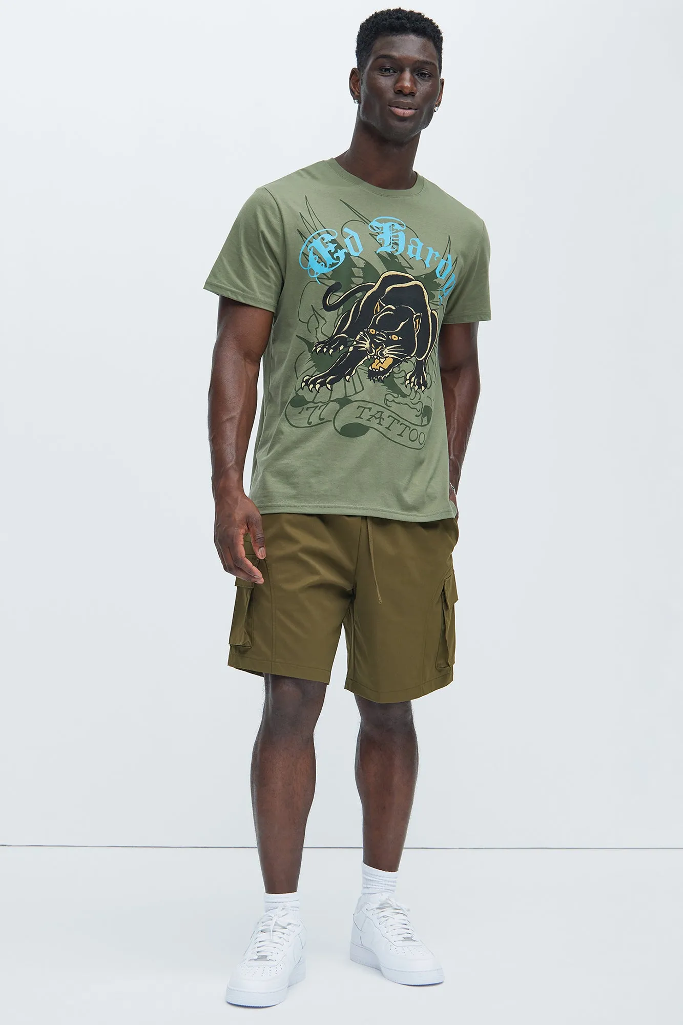 Ed Hardy Crouching Panther Tattoo Short Sleeve Tee - Olive