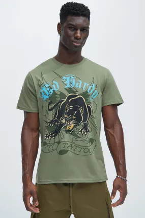 Ed Hardy Crouching Panther Tattoo Short Sleeve Tee - Olive