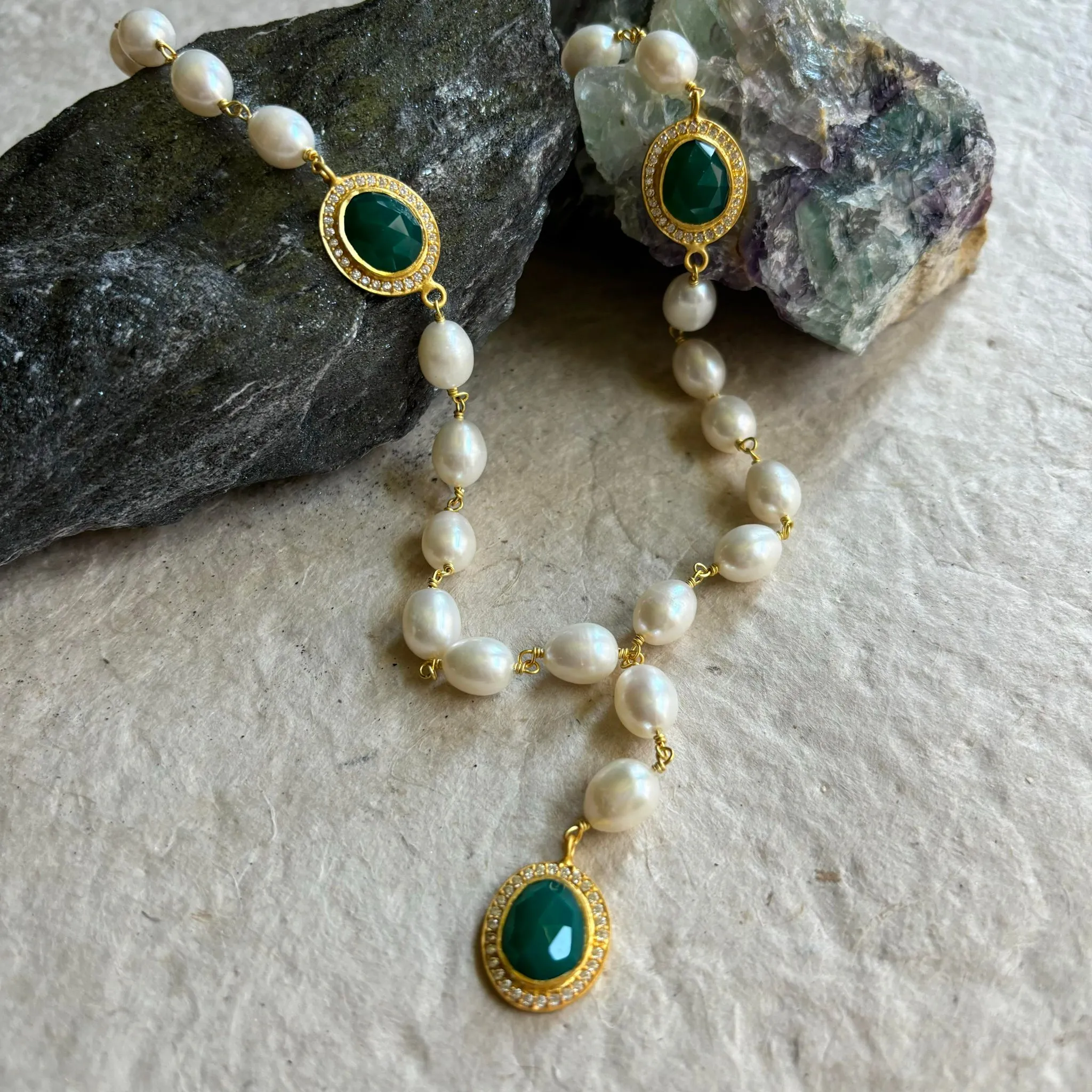 Eleanor Pearl Necklace With Green Onyx