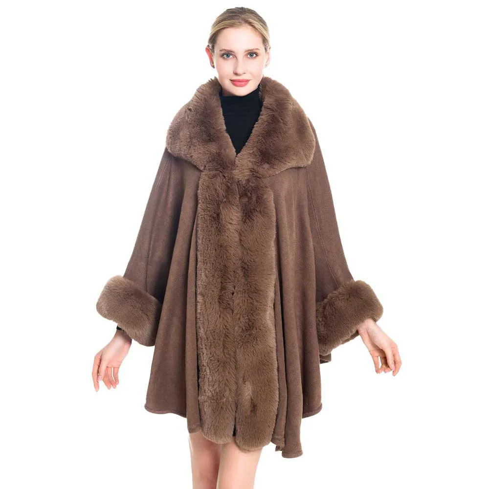 Elegant Faux Fur Trim Poncho Ruana Wrap