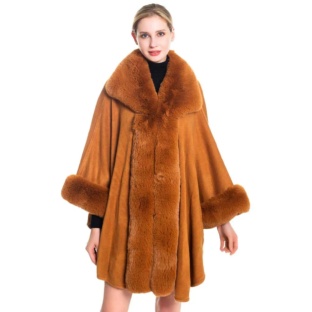 Elegant Faux Fur Trim Poncho Ruana Wrap