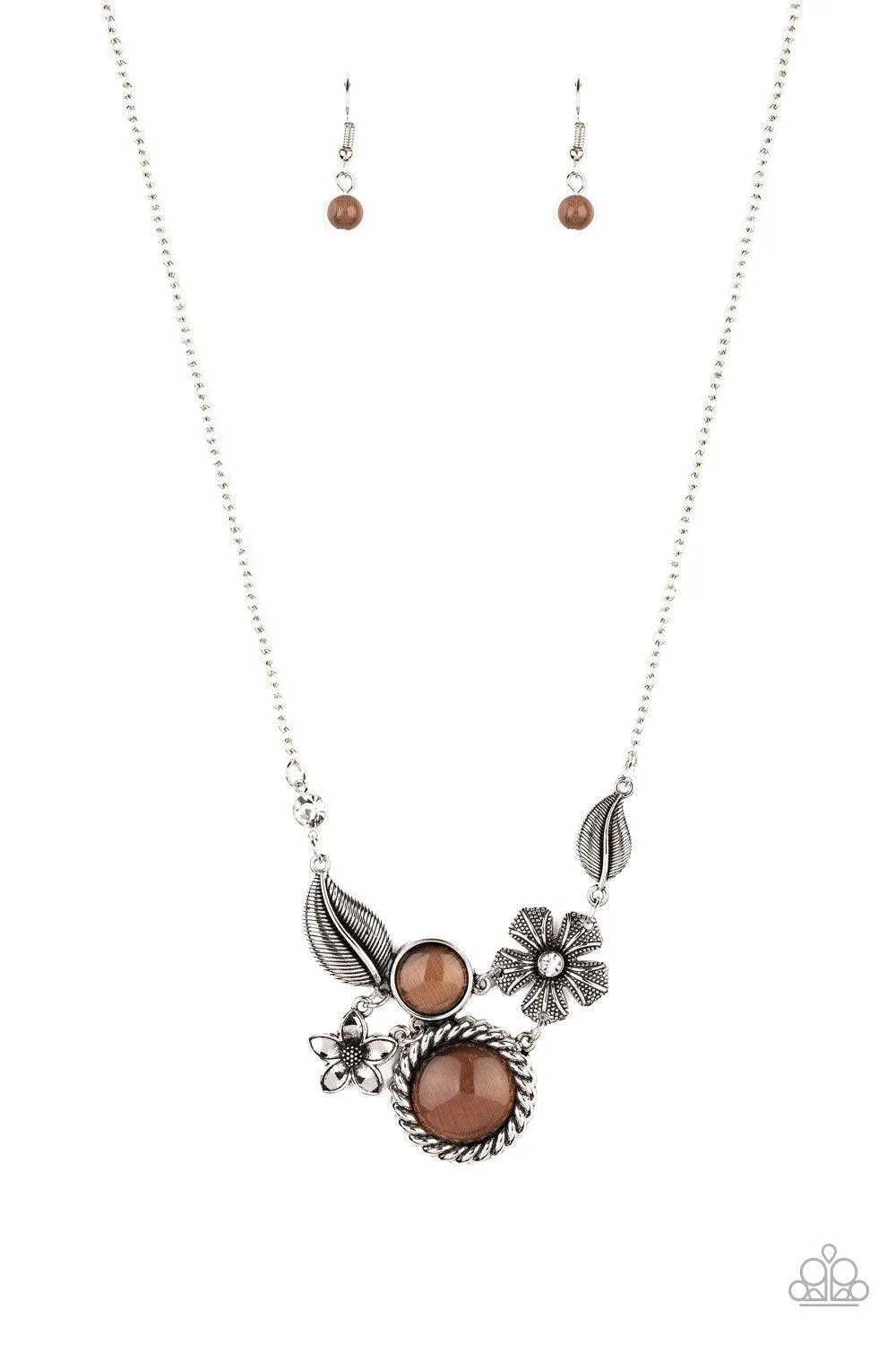 Exquisitely Eden Brown Cat's Eye Stone Floral Necklace - Paparazzi Accessories