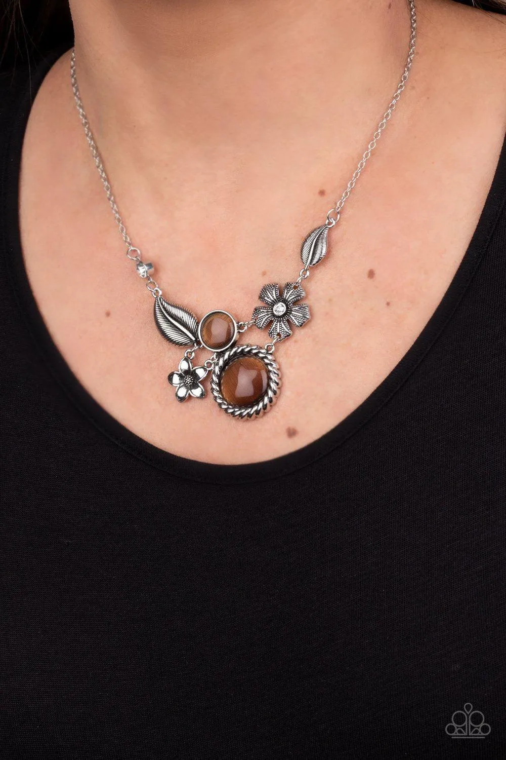 Exquisitely Eden Brown Cat's Eye Stone Floral Necklace - Paparazzi Accessories