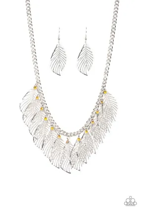 Feathery Foliage Silver and Yellow Necklace and matching Earrings - Paparazzi Accessories